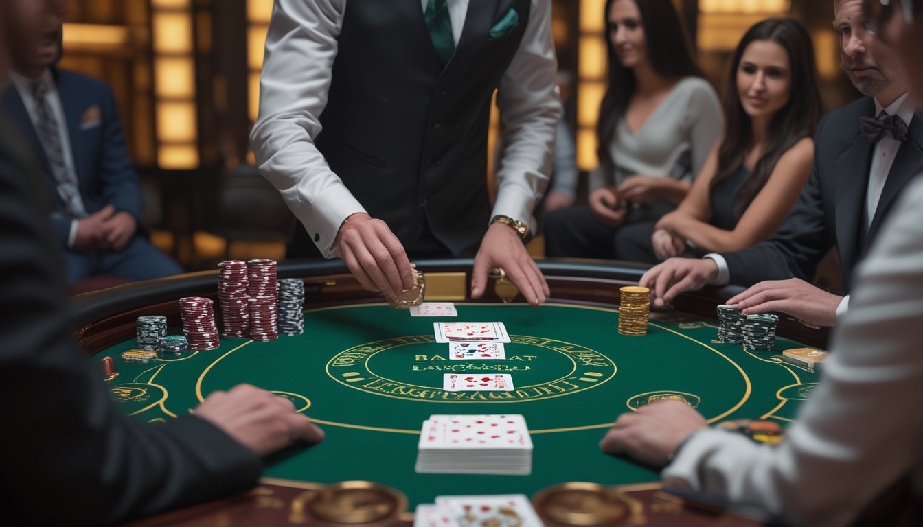 Seorang dealer membagikan kartu baccarat di meja sementara para pemain memperhatikan.