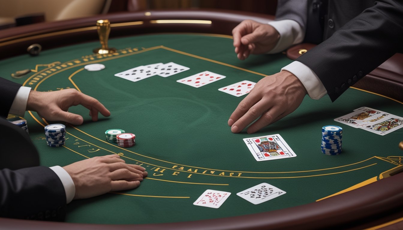 Dealer menyiapkan kartu di meja baccarat dengan keping taruhan dan penanda skor.