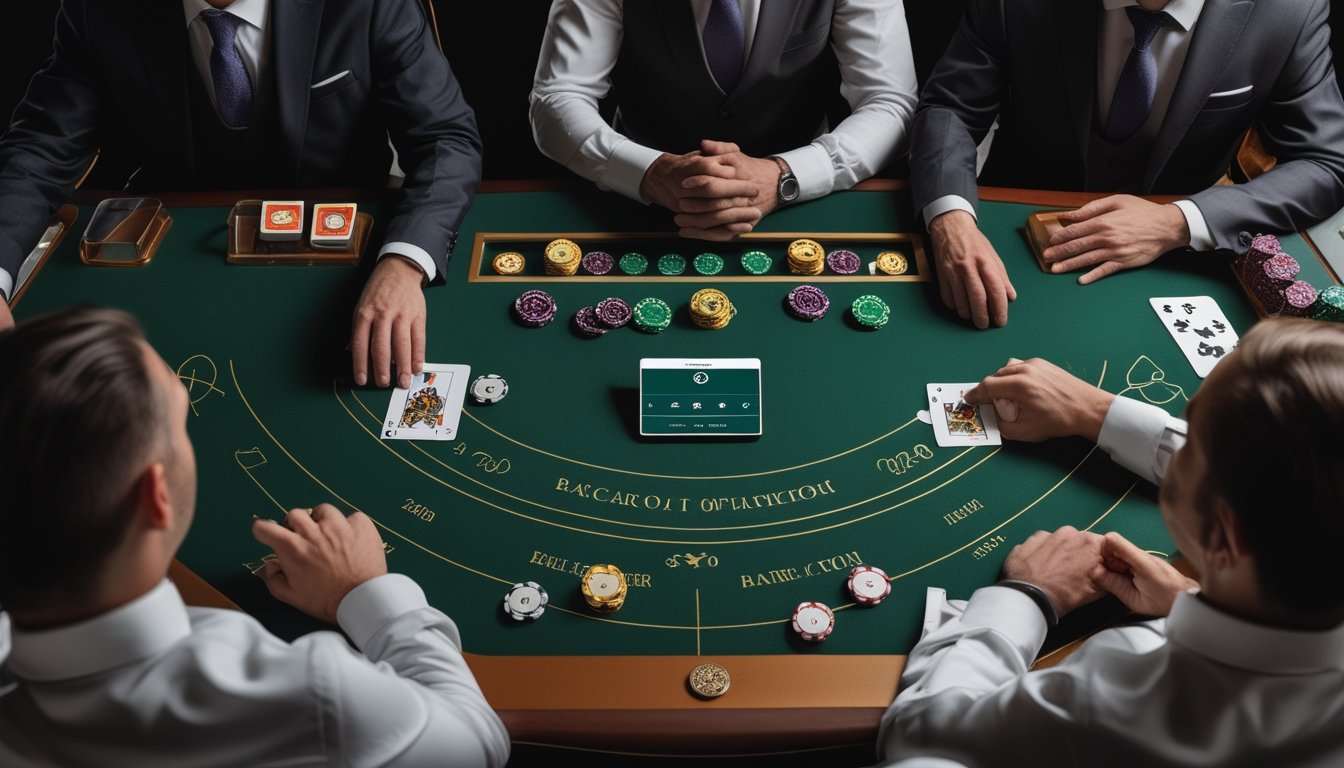 Dealer dan pemain memperhatikan kartu serta chip di meja baccarat.