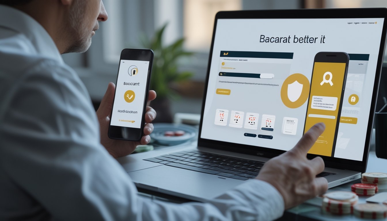Seseorang memeriksa informasi baccarat di laptop dengan simbol verifikasi di layar.