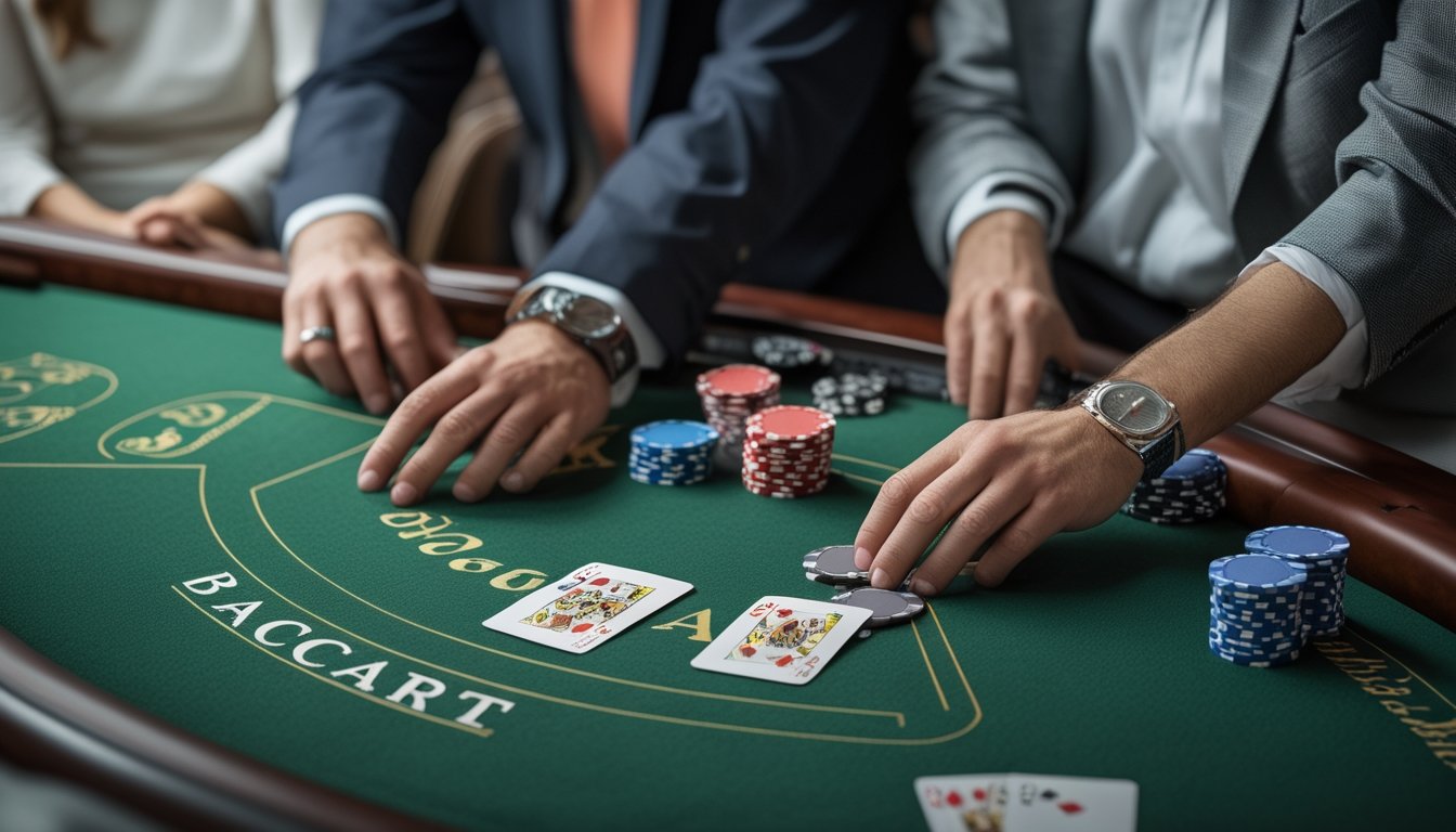Seorang bandar membagikan kartu baccarat di atas meja hijau dengan beberapa keping taruhan.