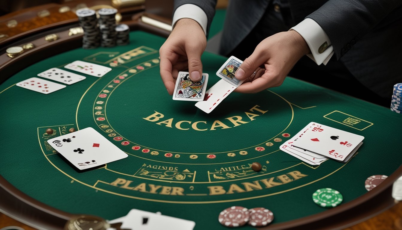 Tangan bandar membagikan kartu di meja baccarat dengan kartu dan keping taruhan.