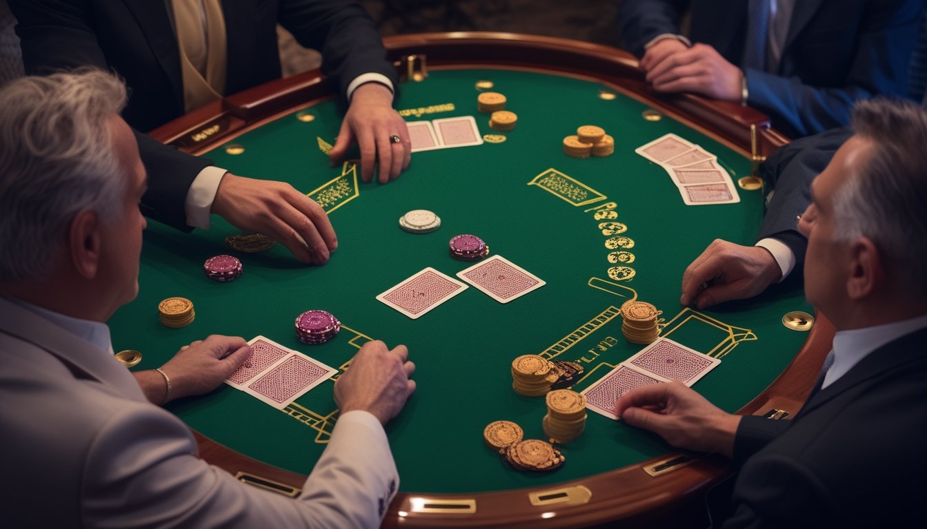 Dealer dan dua pemain berada di meja baccarat dengan kartu dan keping taruhan.