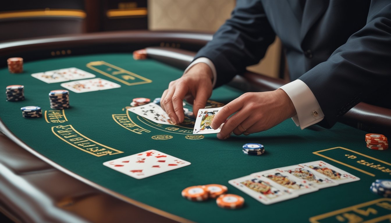 Tangan dealer menata kartu dan chip di atas meja baccarat.