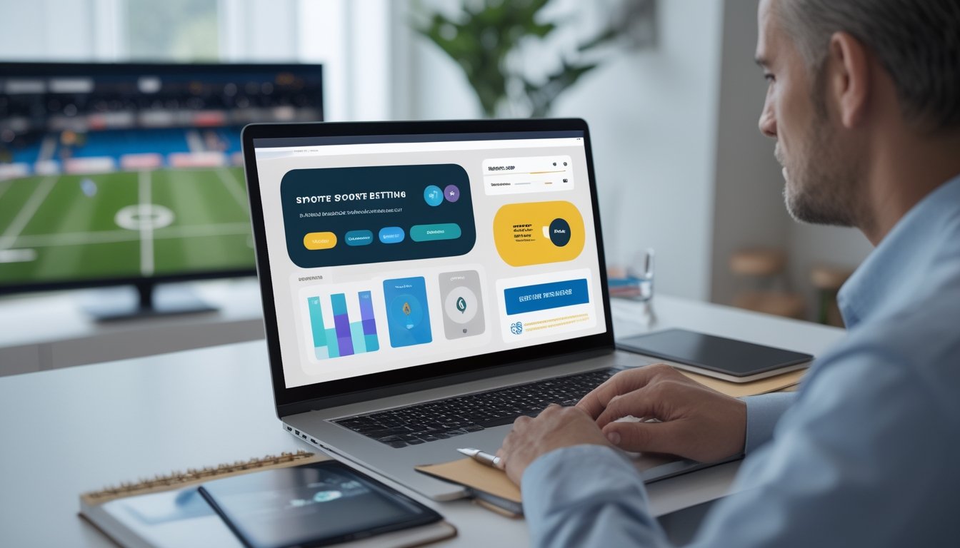 Seorang dewasa meninjau platform taruhan olahraga di laptop dengan ponsel dan buku catatan di meja.