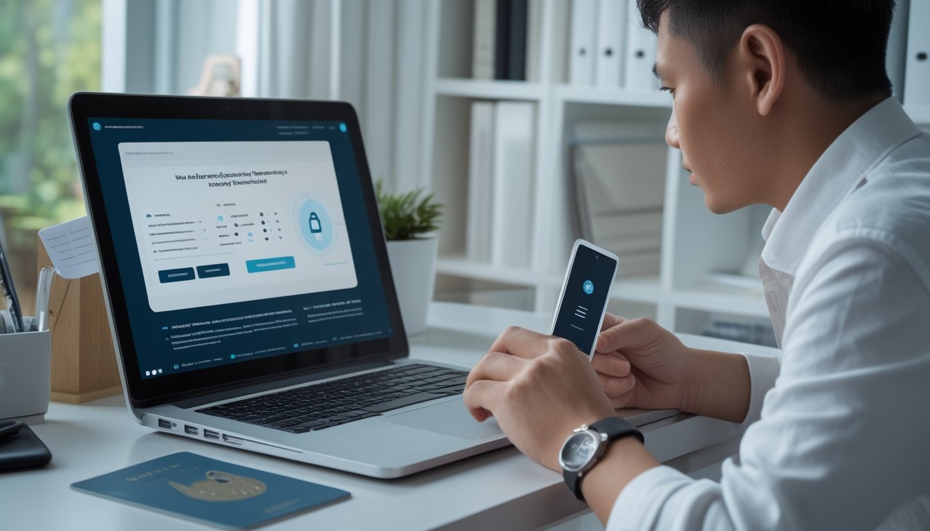 Seorang pengguna memeriksa platform taruhan online di laptop sambil mengecek keamanan melalui ponsel.
