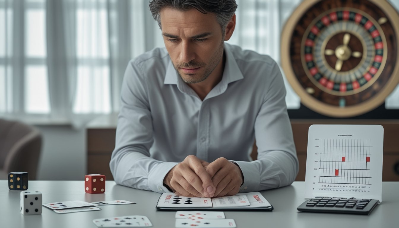 Seseorang mempelajari kartu, dadu, dan roda roulette di meja.