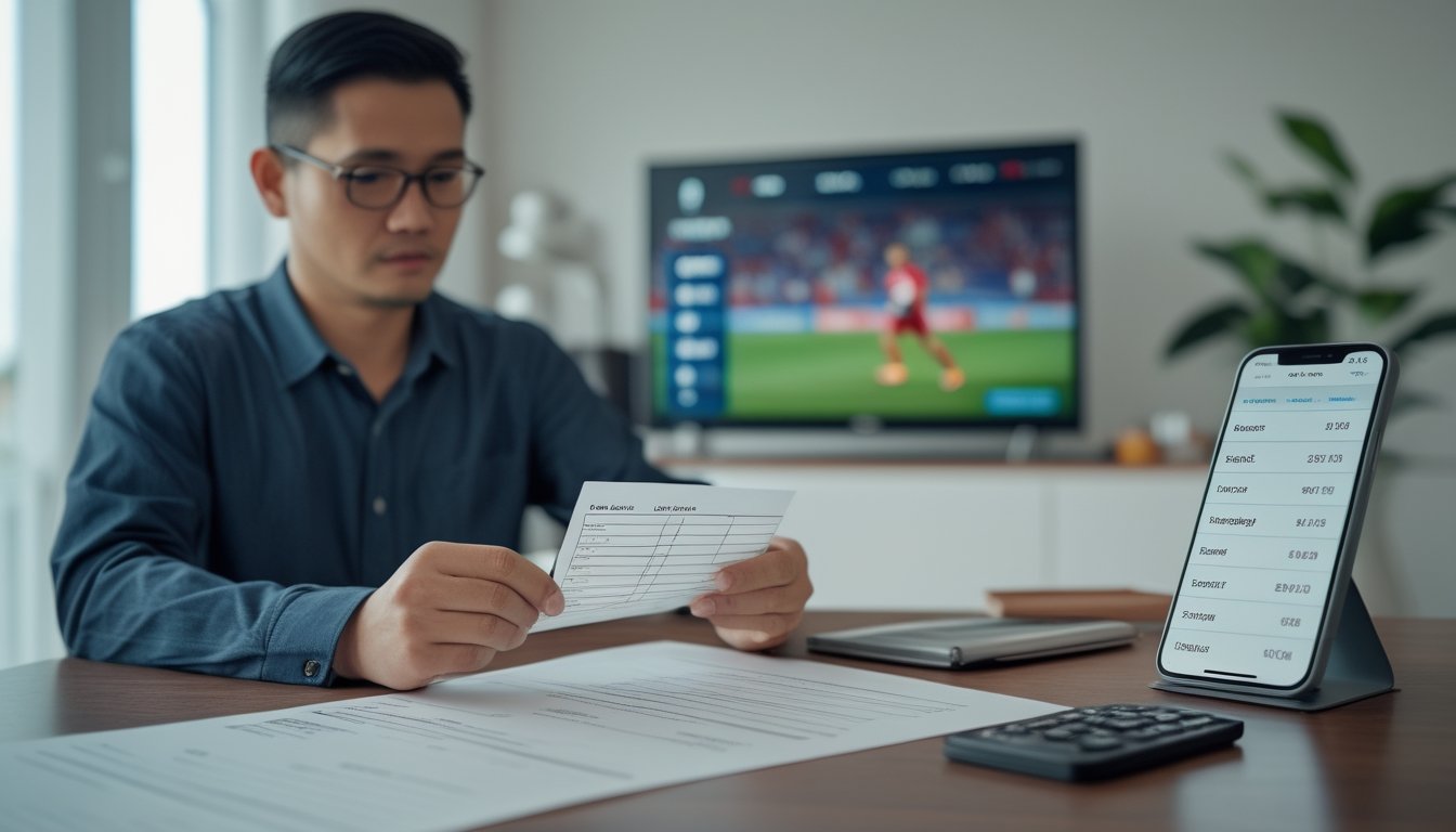 Seorang pemula mempelajari slip taruhan di meja sambil melihat pertandingan sepak bola.