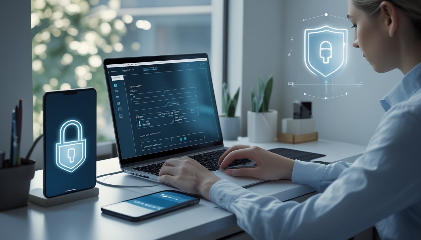 Seseorang menggunakan laptop dengan simbol perisai dan gembok untuk melindungi akun serta privasi.