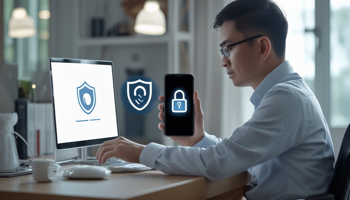 Seorang pengguna mengamankan akun daring di laptop dengan bantuan ponsel.