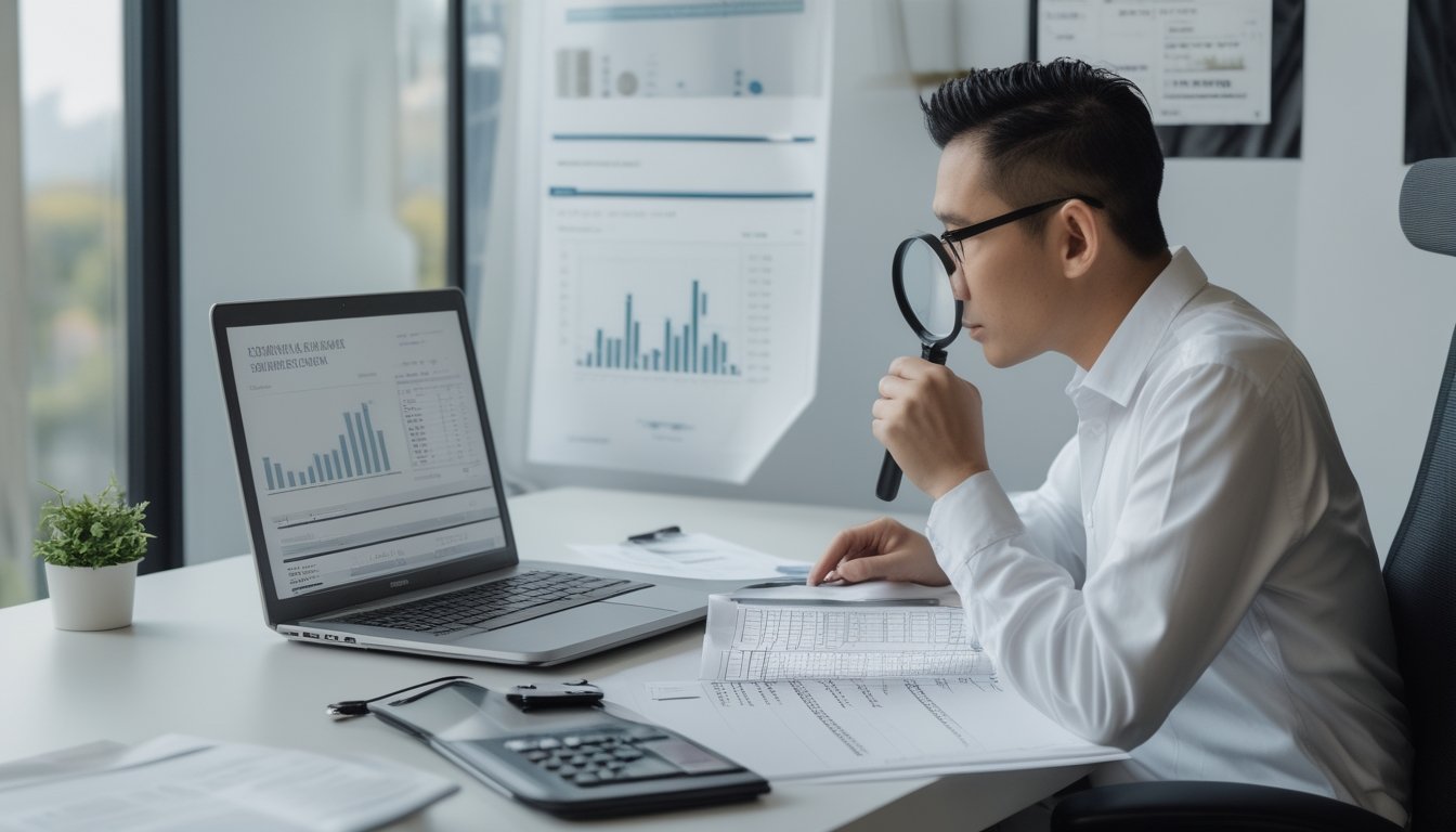 Seorang analis memeriksa data dan dokumen di meja kerja.