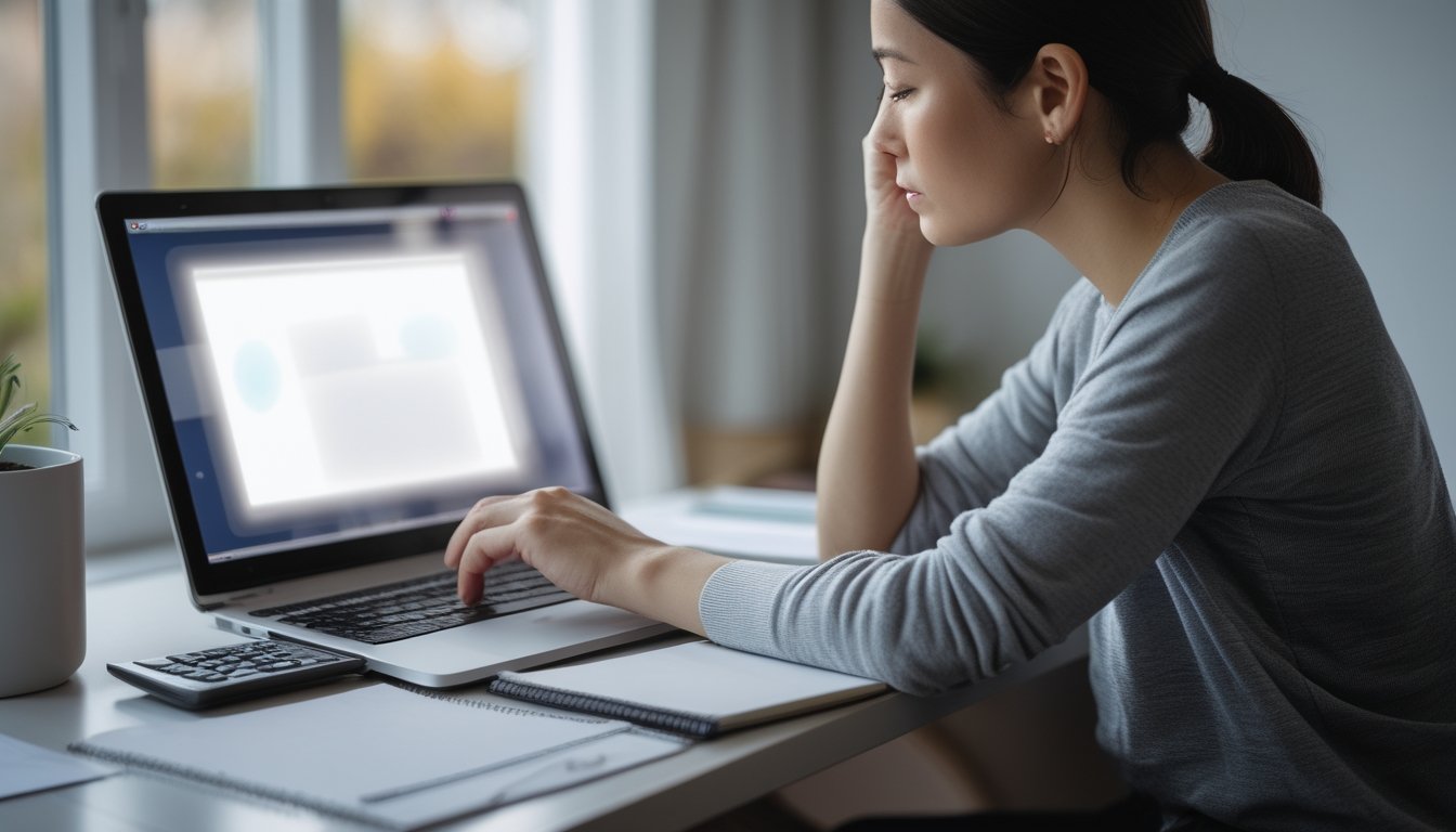 Seseorang menatap laptop dengan sikap berhati-hati di meja kerja.