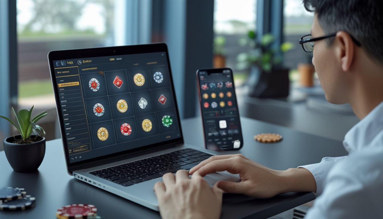 Seseorang menggunakan laptop dan ponsel dengan tampilan permainan online di meja.