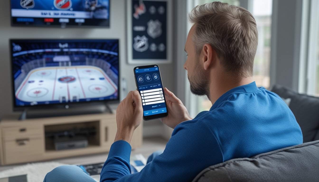 Seorang penggemar hoki menonton pertandingan di televisi sambil melihat ponsel.