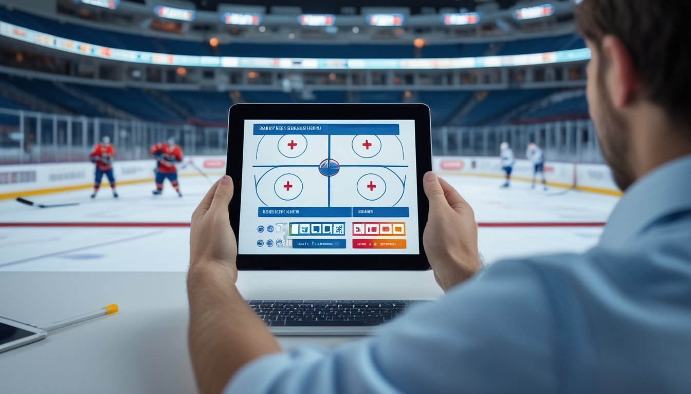 Seorang penggemar hoki mempelajari diagram pertandingan di tablet dengan arena hoki di latar belakang.