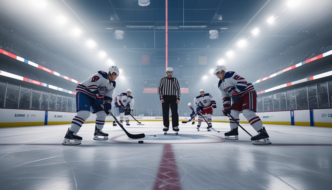 Wasit bersiap menjatuhkan puck di antara dua pemain hoki es di tengah arena.