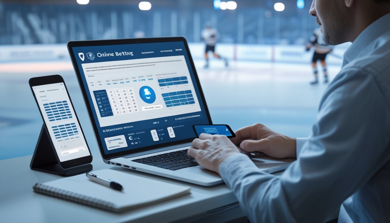 Seorang analis memeriksa jadwal dan statistik hoki di laptop dengan latar arena es.