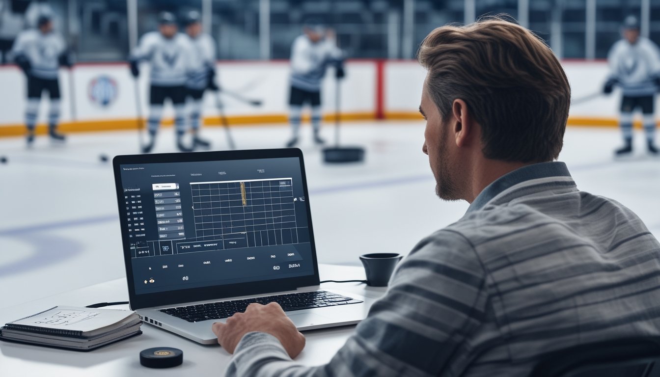 Seorang penggemar hoki mempelajari tampilan odds di laptop dengan keping hoki di atas meja.