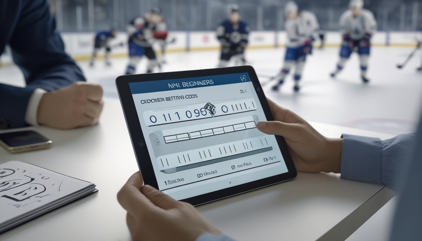 Seorang pemula mempelajari tampilan odds hoki di tablet dengan arena hoki di latar belakang.