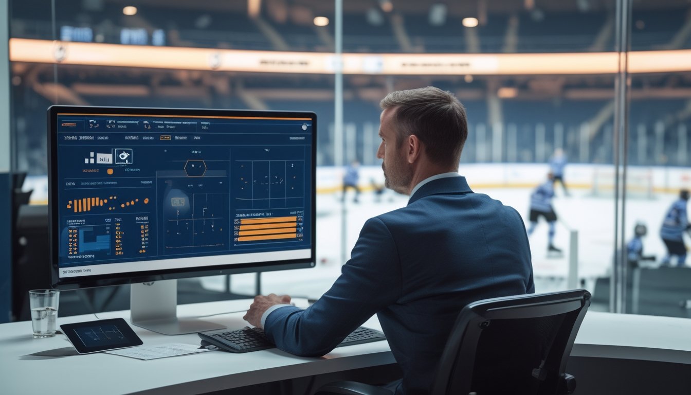 Seorang analis mengamati statistik hoki es di layar, dengan pertandingan berlangsung di arena pada latar belakang.