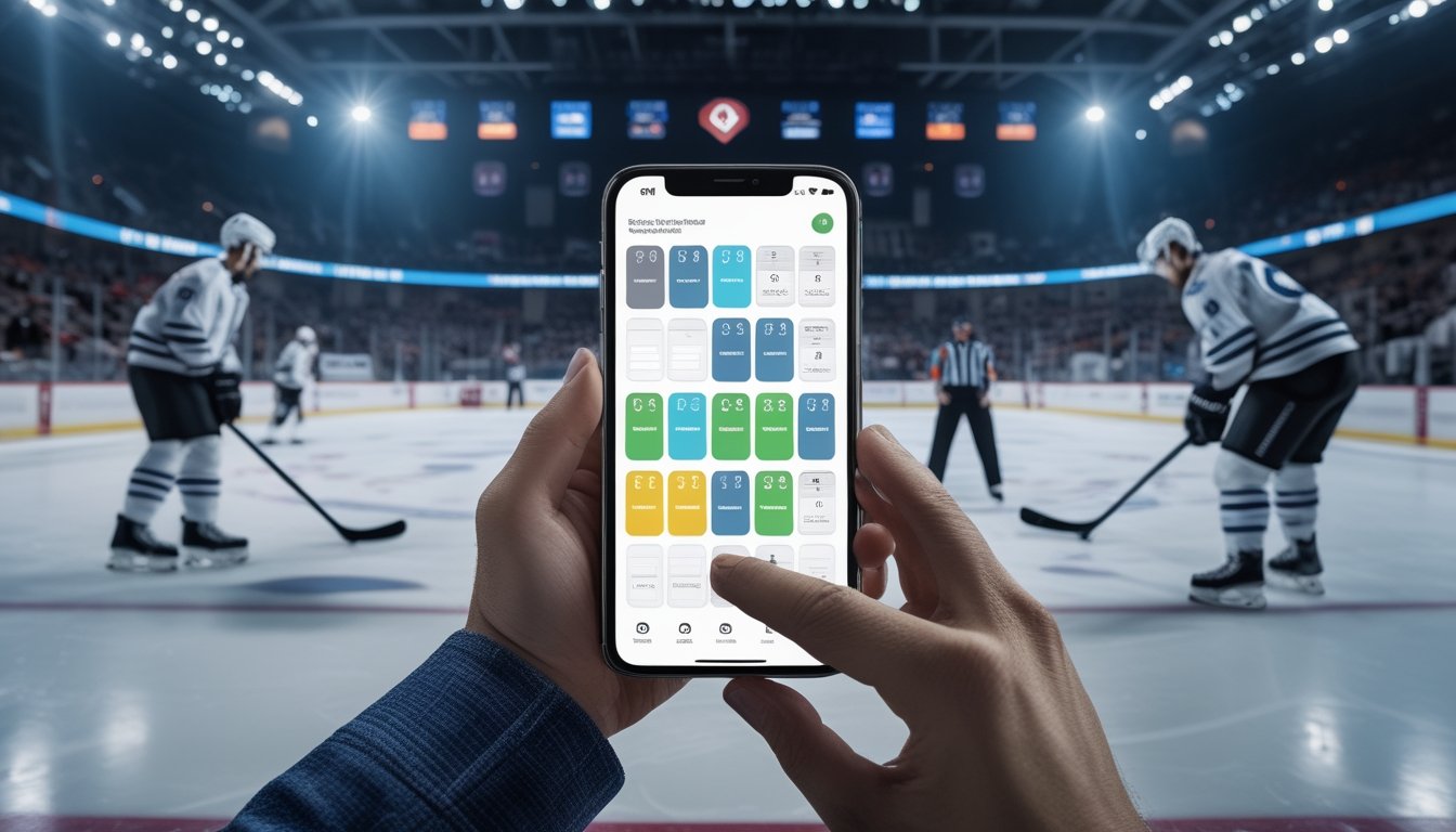 Pemain hoki bersiap menghadapi pertandingan di arena, sementara seorang penonton melihat jadwal pada ponsel.