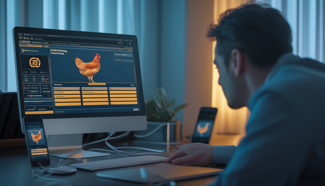Seseorang memeriksa laptop dan ponsel di meja dengan simbol keamanan digital.