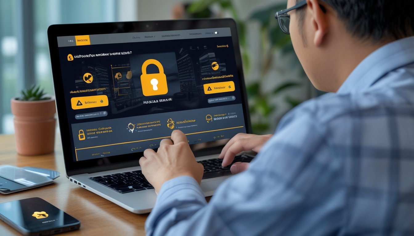 Seseorang memeriksa situs taruhan mencurigakan di laptop dengan peringatan keamanan di ponsel.