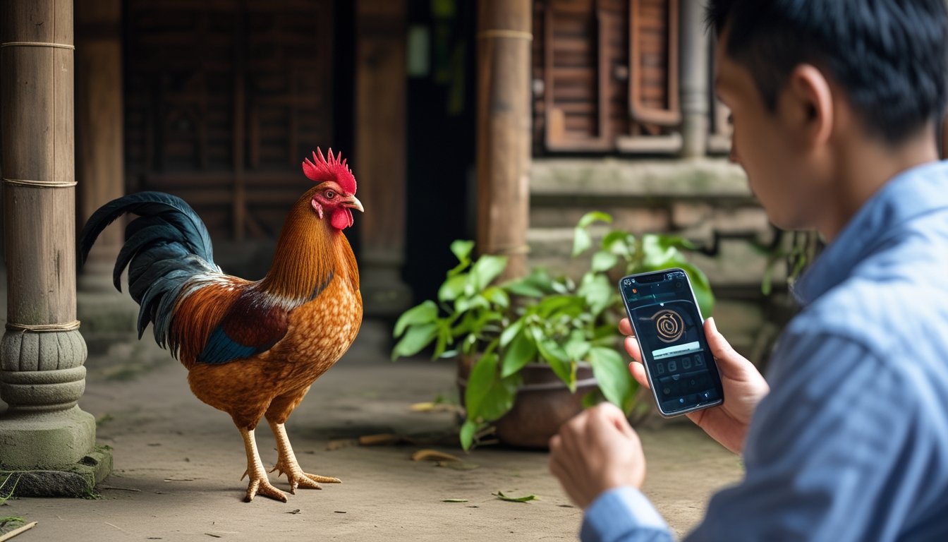 Seekor ayam jantan berdiri di halaman tradisional sementara seseorang melihat ponsel di latar belakang.