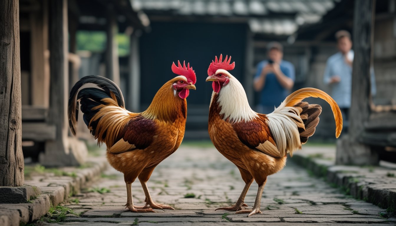 Dua ayam jantan berdiri di halaman tradisional, sementara seseorang melihat ponsel di latar belakang.
