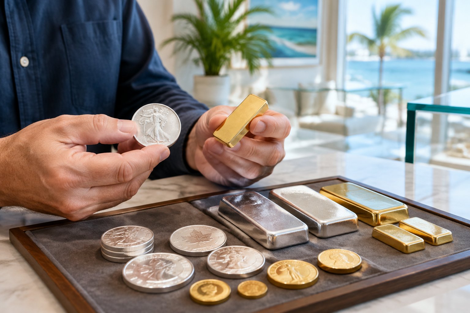 A customer compares gold and silver bars and coins on a shop counter.
