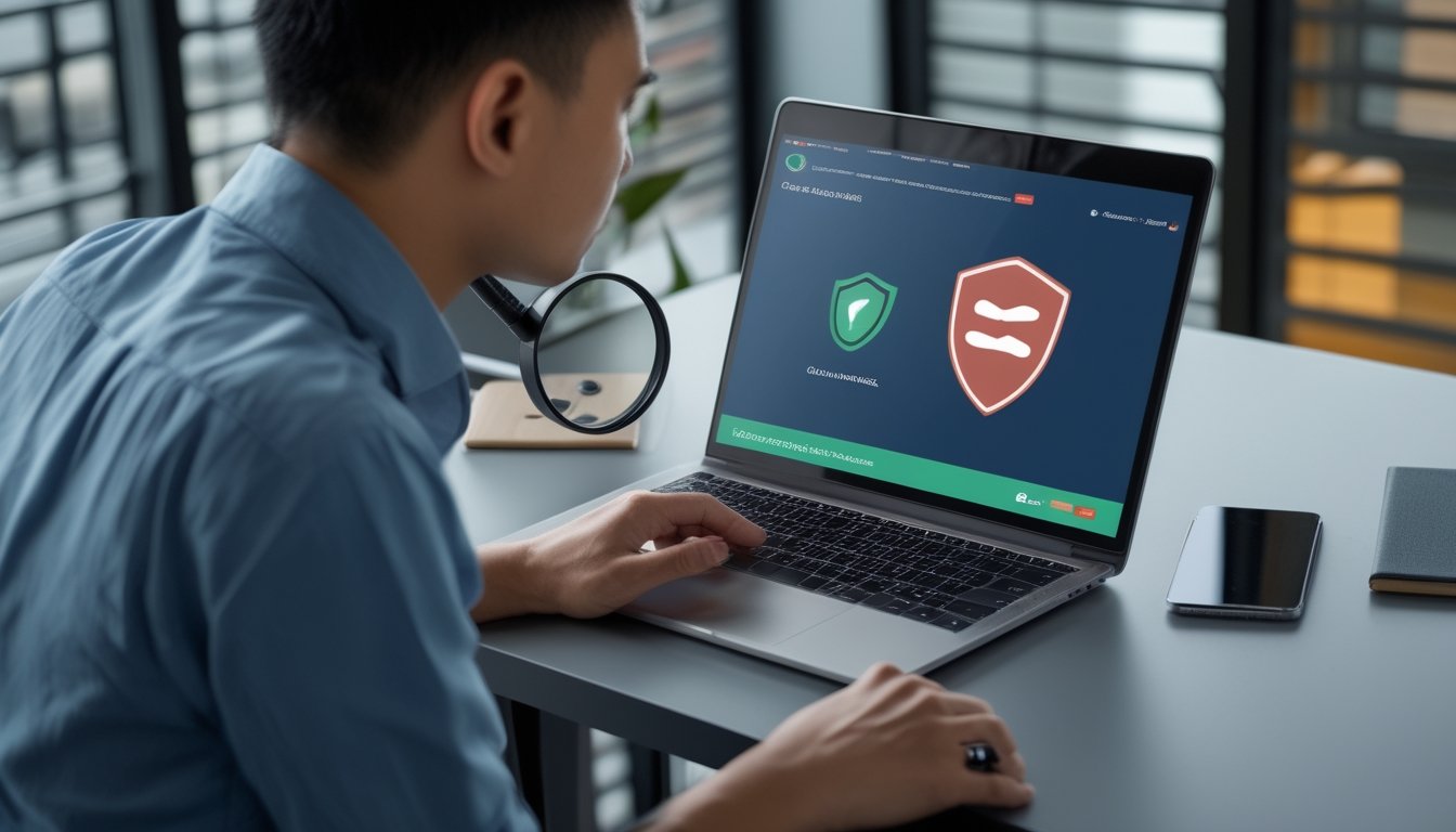 Seorang pengguna memeriksa situs web di laptop dengan kaca pembesar dan simbol peringatan.