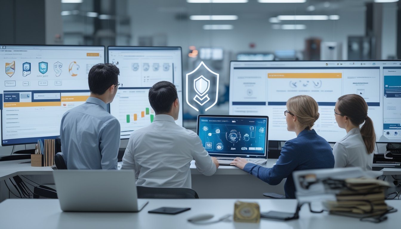 Tim auditor independen memeriksa sistem keamanan digital di laboratorium modern.