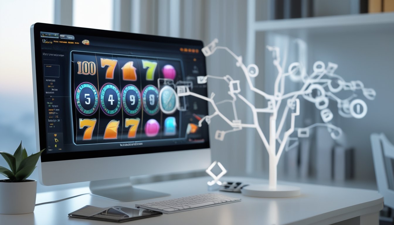 Komputer menampilkan ilustrasi abstrak permainan slot digital dengan pola acak.