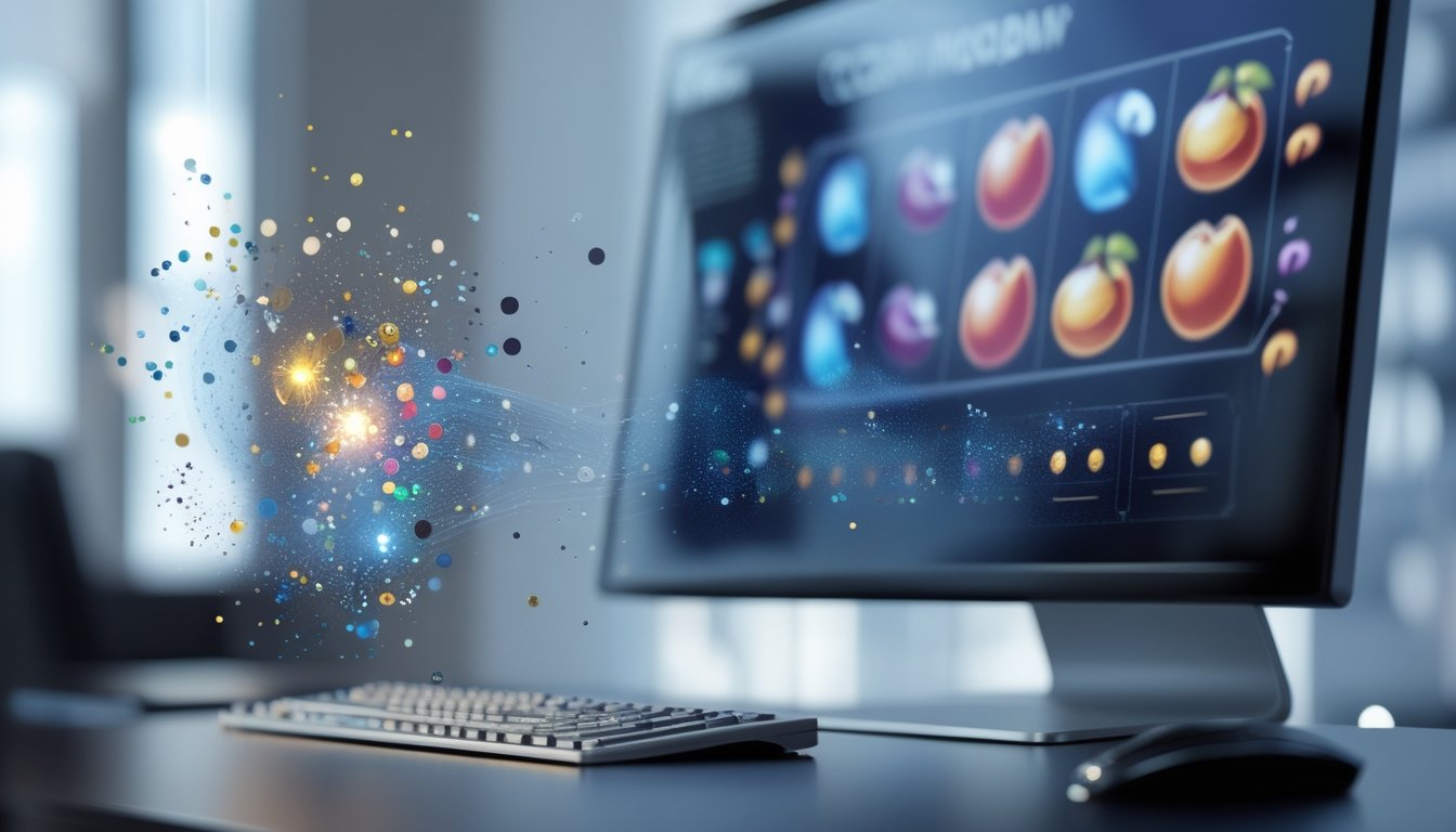 Monitor menampilkan gulungan permainan dengan simbol warna-warni dan visualisasi partikel digital.