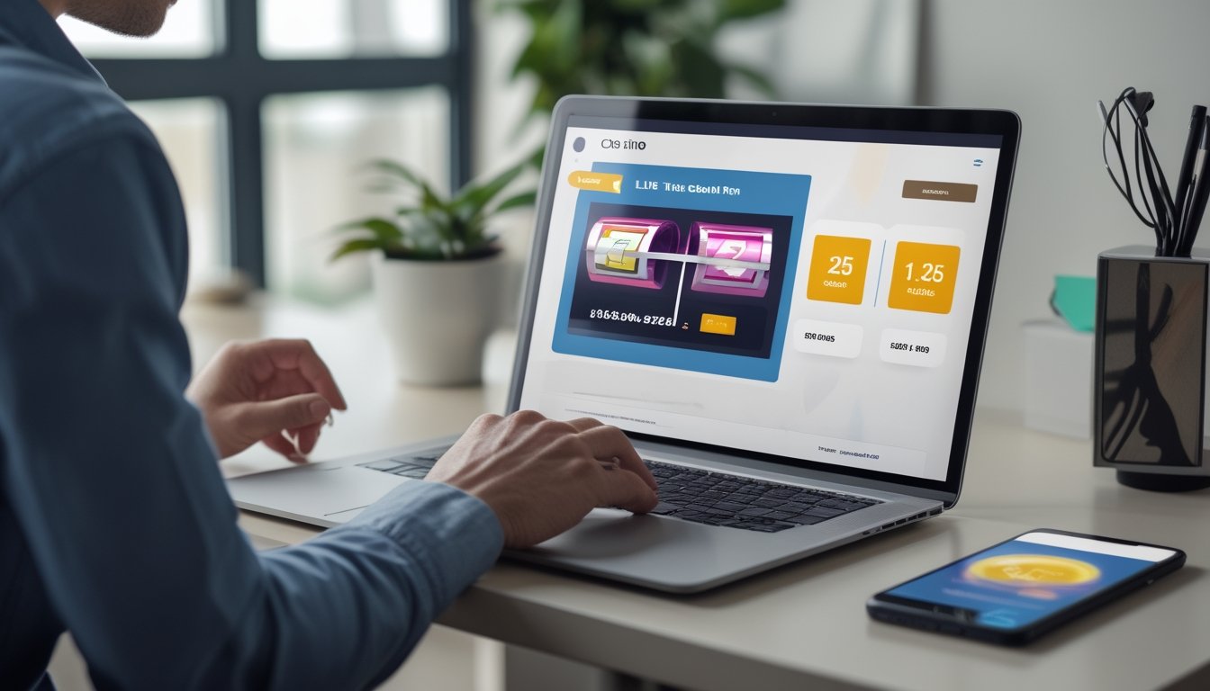 Seseorang memeriksa tampilan permainan slot dan grafik persentase di laptop sebelum bermain.