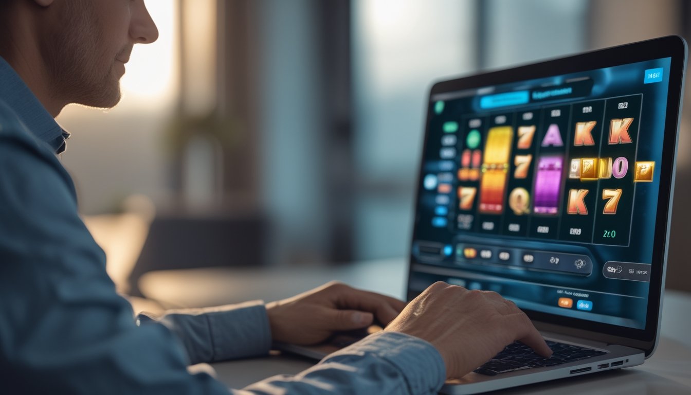 Seorang pemain dewasa mengamati permainan slot di laptop.