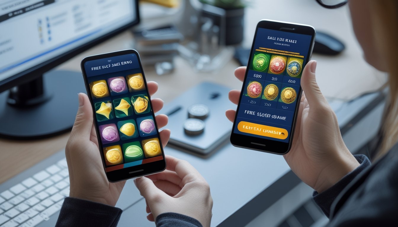 Dua ponsel menampilkan permainan slot, dengan token di dekat ponsel kiri dan kartu bank di dekat ponsel kanan.