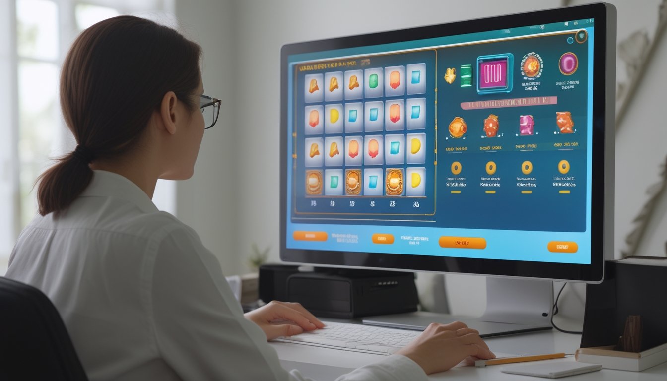 Seseorang mempelajari tampilan permainan slot di komputer dengan kisi simbol dan ikon fitur bonus.