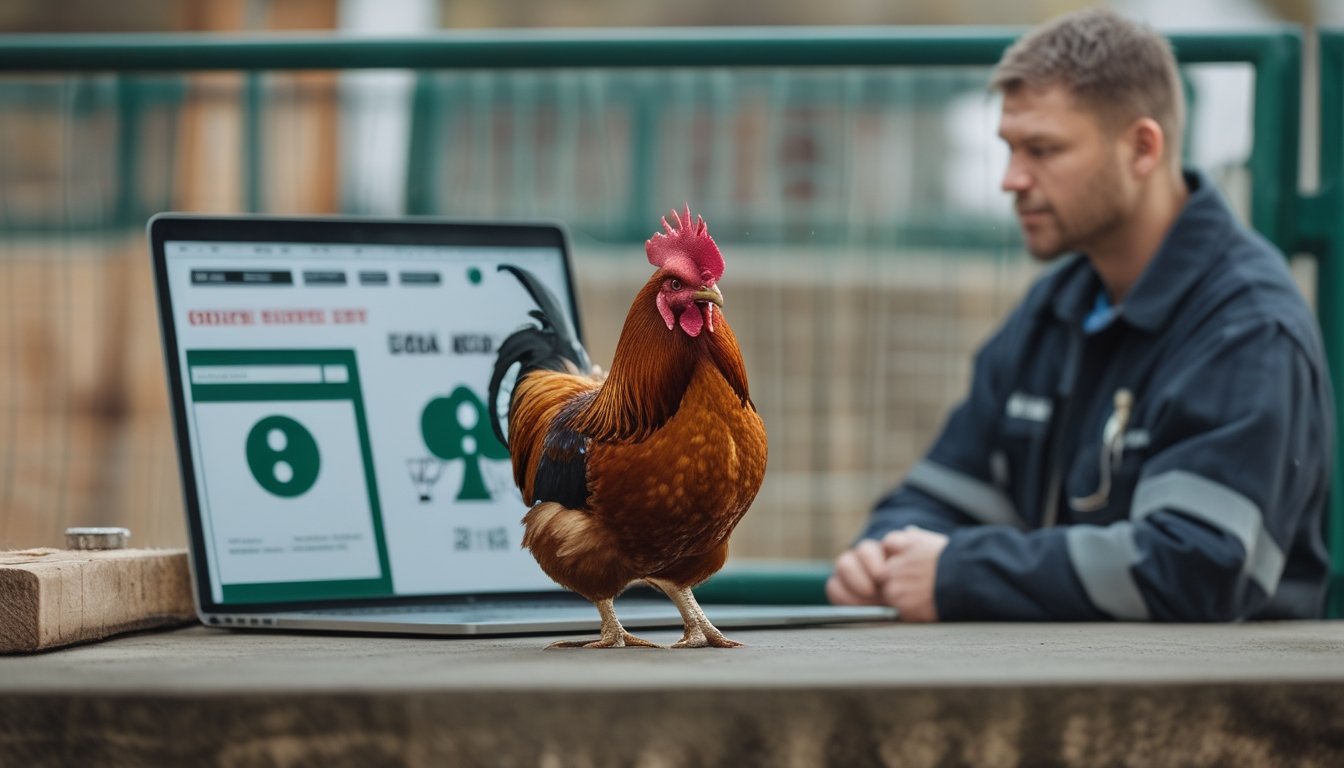 Seekor ayam jantan berada di tempat perawatan, sementara petugas kesejahteraan hewan mengamatinya dan dokumen hukum tampak di latar belakang.