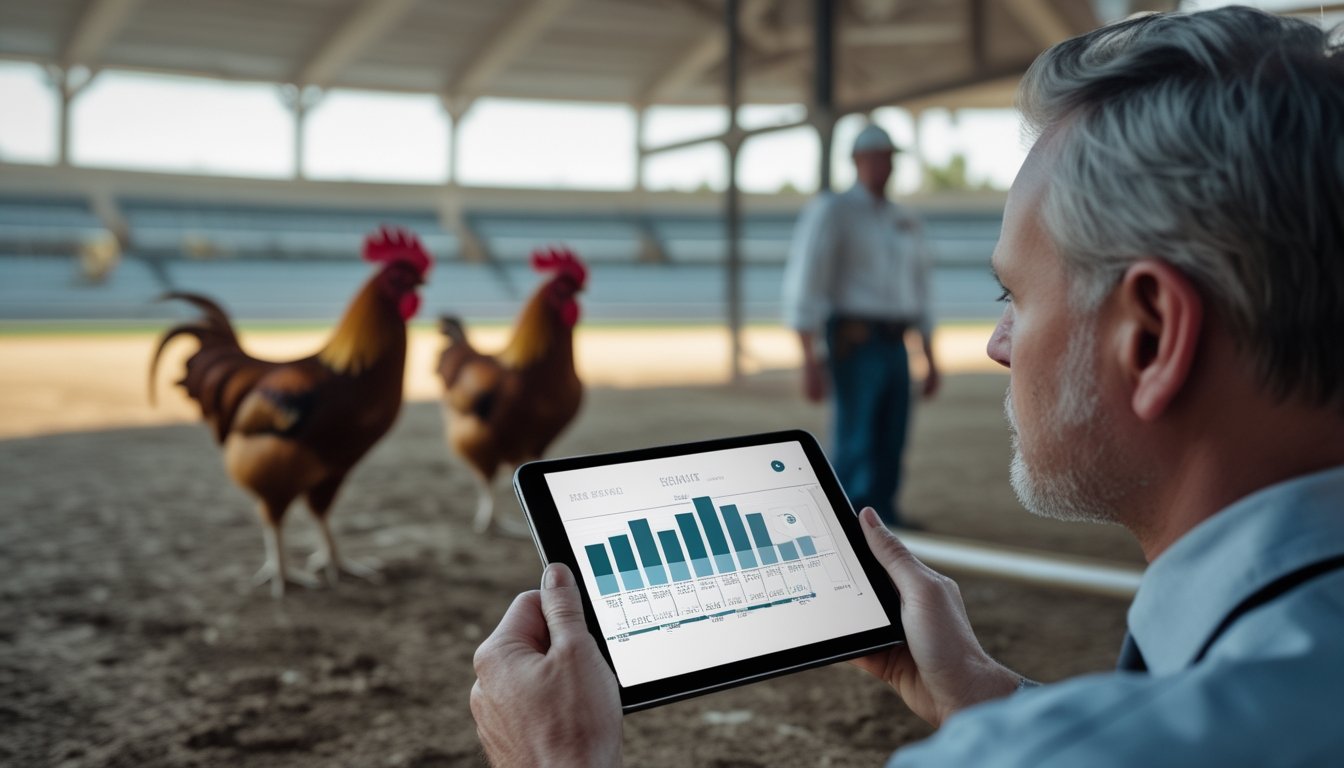 Seorang pengamat melihat grafik pada tablet, sementara dua ayam jantan berada terpisah di latar belakang.