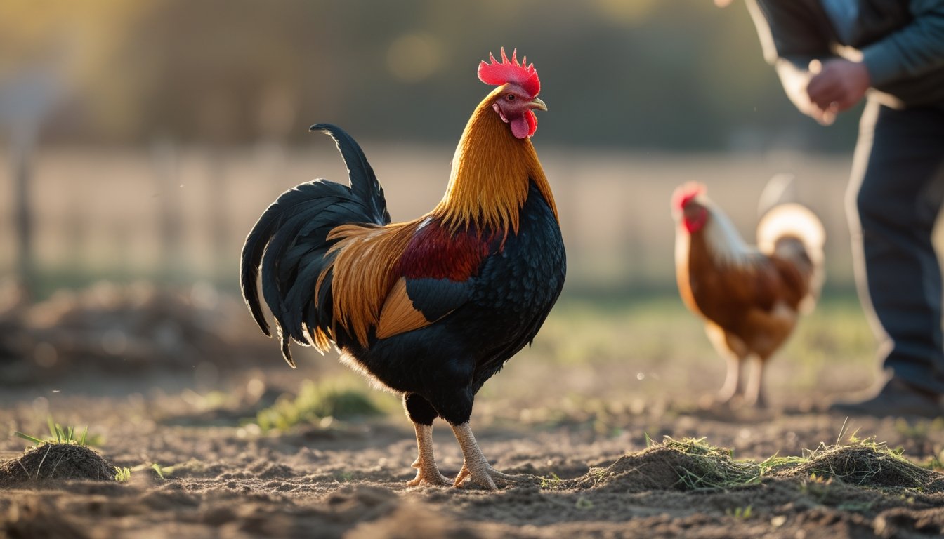 Seekor ayam jantan berdiri di area peternakan sementara seorang peternak mengamatinya.