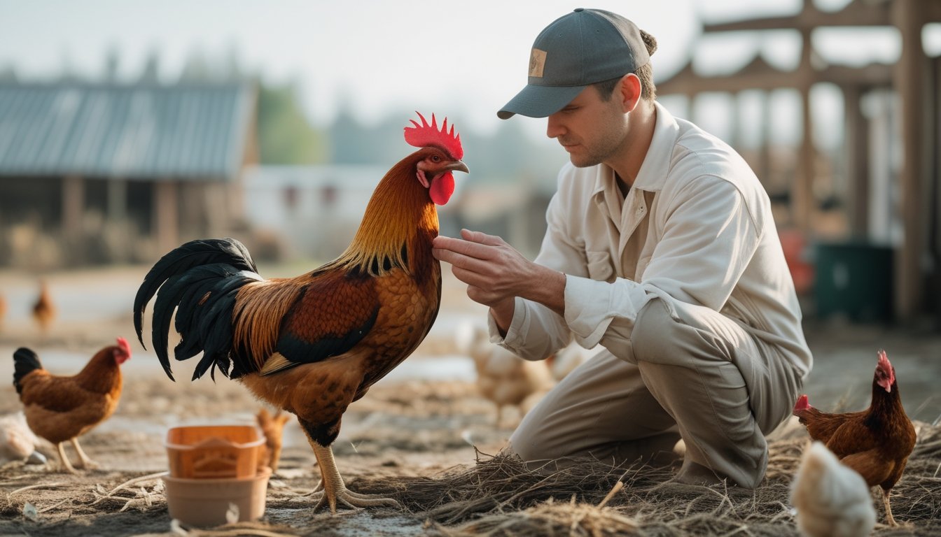 Seorang perawat memeriksa ayam jago yang tampak sehat di halaman peternakan.