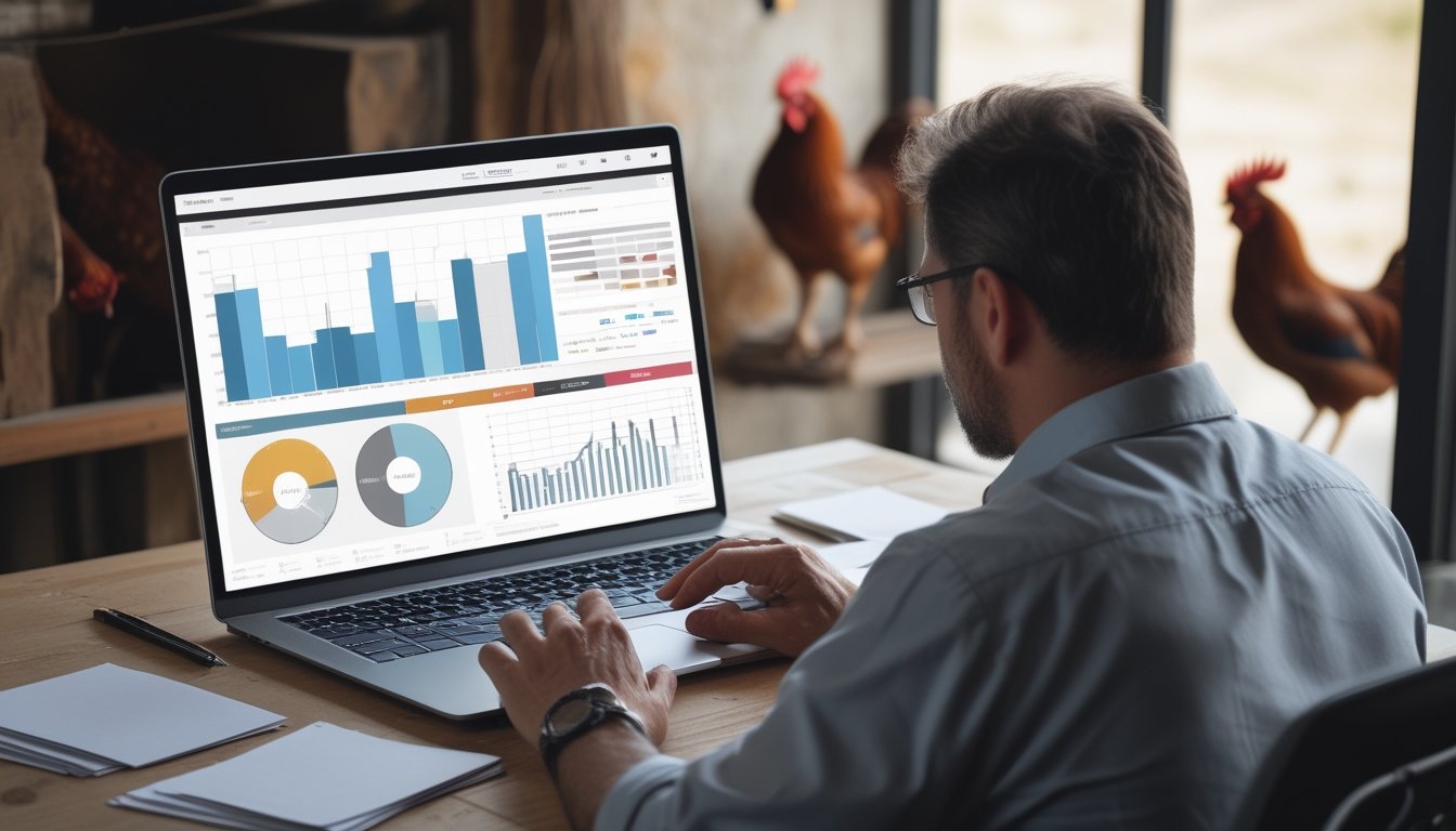 Seseorang menganalisis grafik pertandingan di laptop dengan dua ayam jantan di latar belakang.