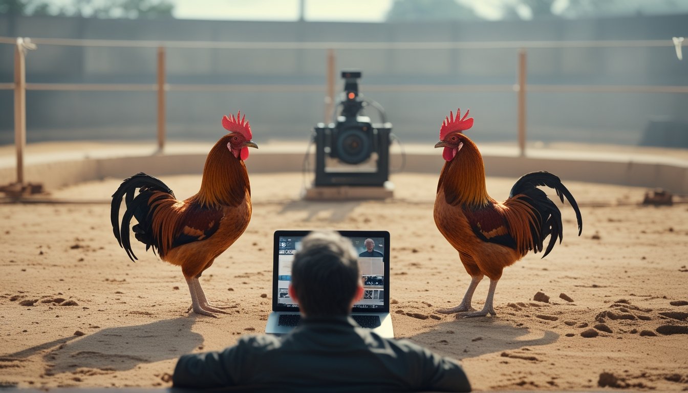 Dua ayam jantan berada di arena, sementara seseorang melihat siaran langsung melalui laptop.