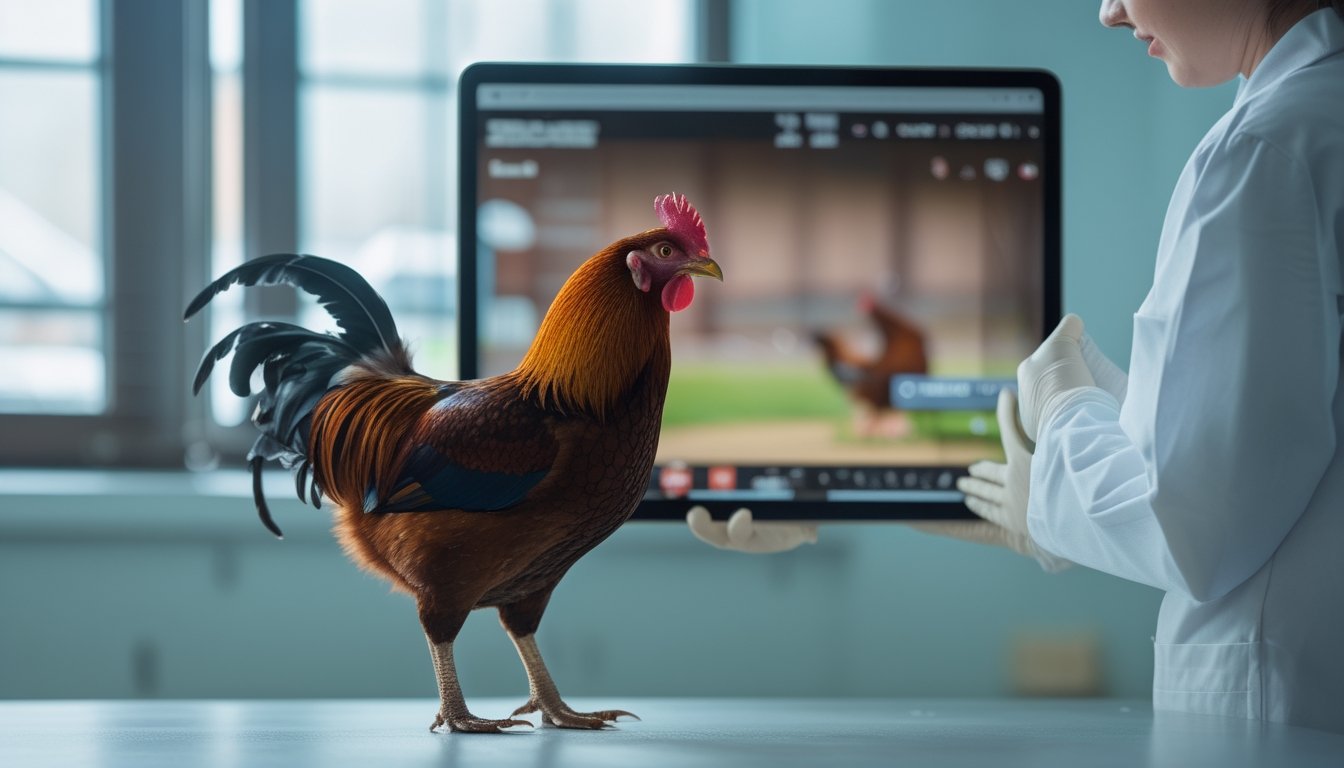 Dokter hewan memeriksa seekor ayam jantan, dengan tablet tampak samar di latar belakang.