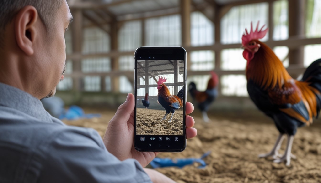 Seseorang menonton pertandingan dua ayam melalui ponsel.