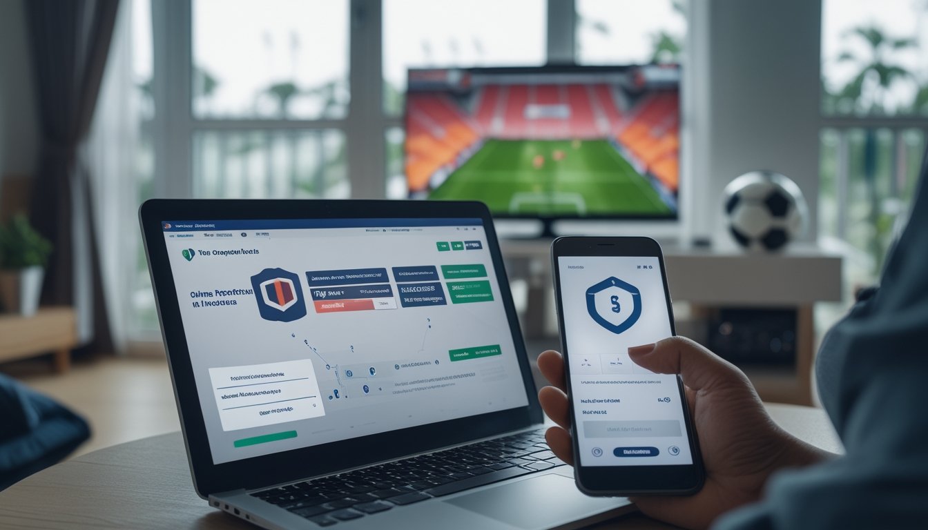 Seorang penggemar sepak bola memeriksa situs terkait pertandingan melalui laptop di rumah.