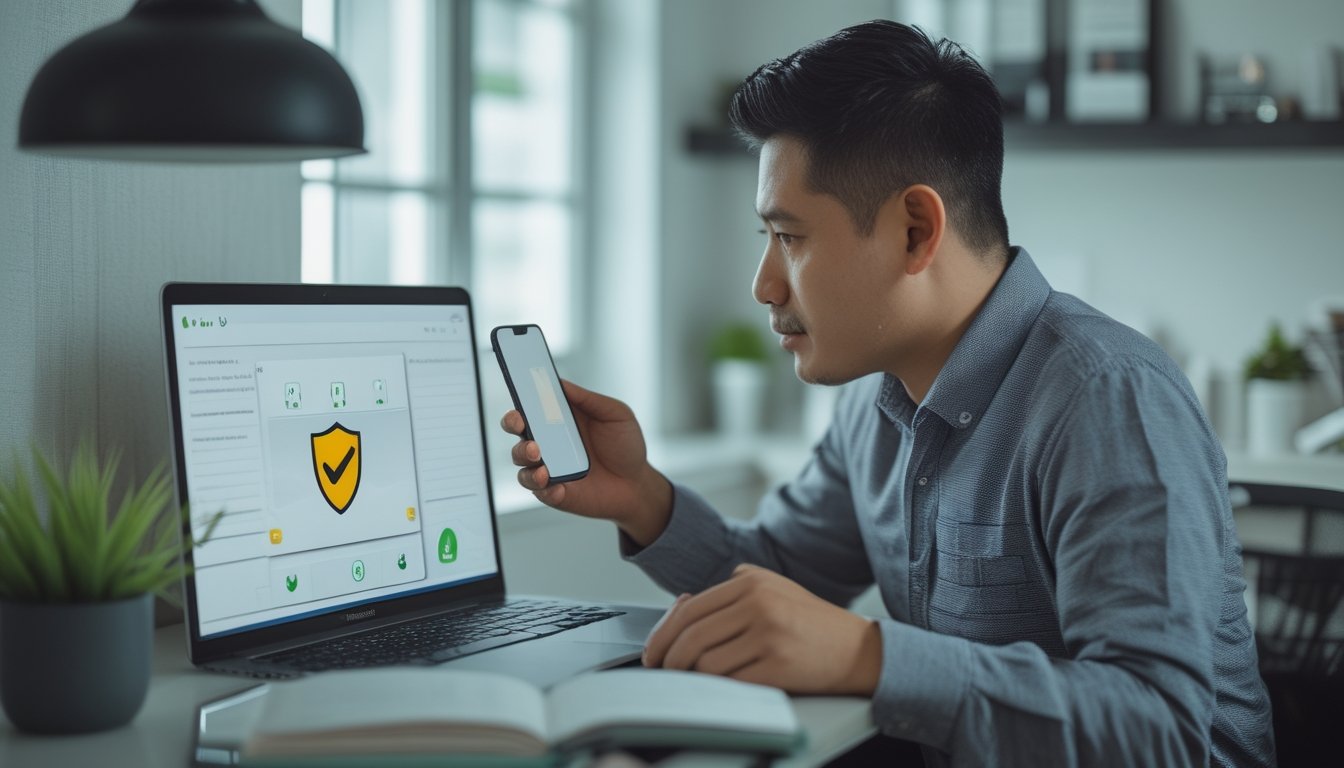 Seorang pria memeriksa informasi situs sepak bola melalui laptop dan ponsel.
