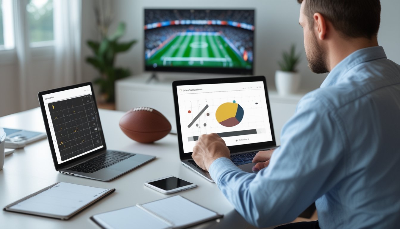 Seorang pemula mempelajari tampilan odds sepak bola di laptop dengan bola dan diagram lapangan di meja.