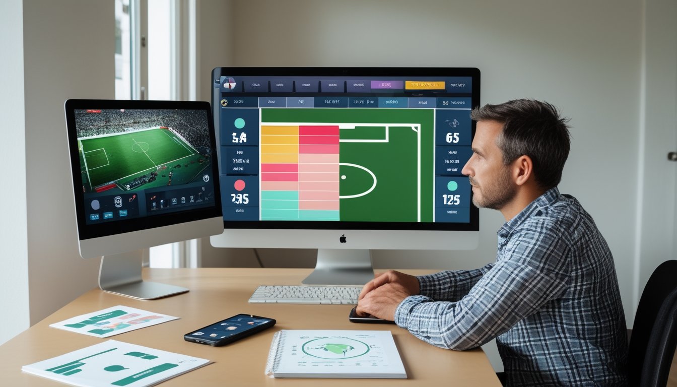 Seorang penggemar sepak bola mempelajari tampilan pertandingan dan diagram di meja.